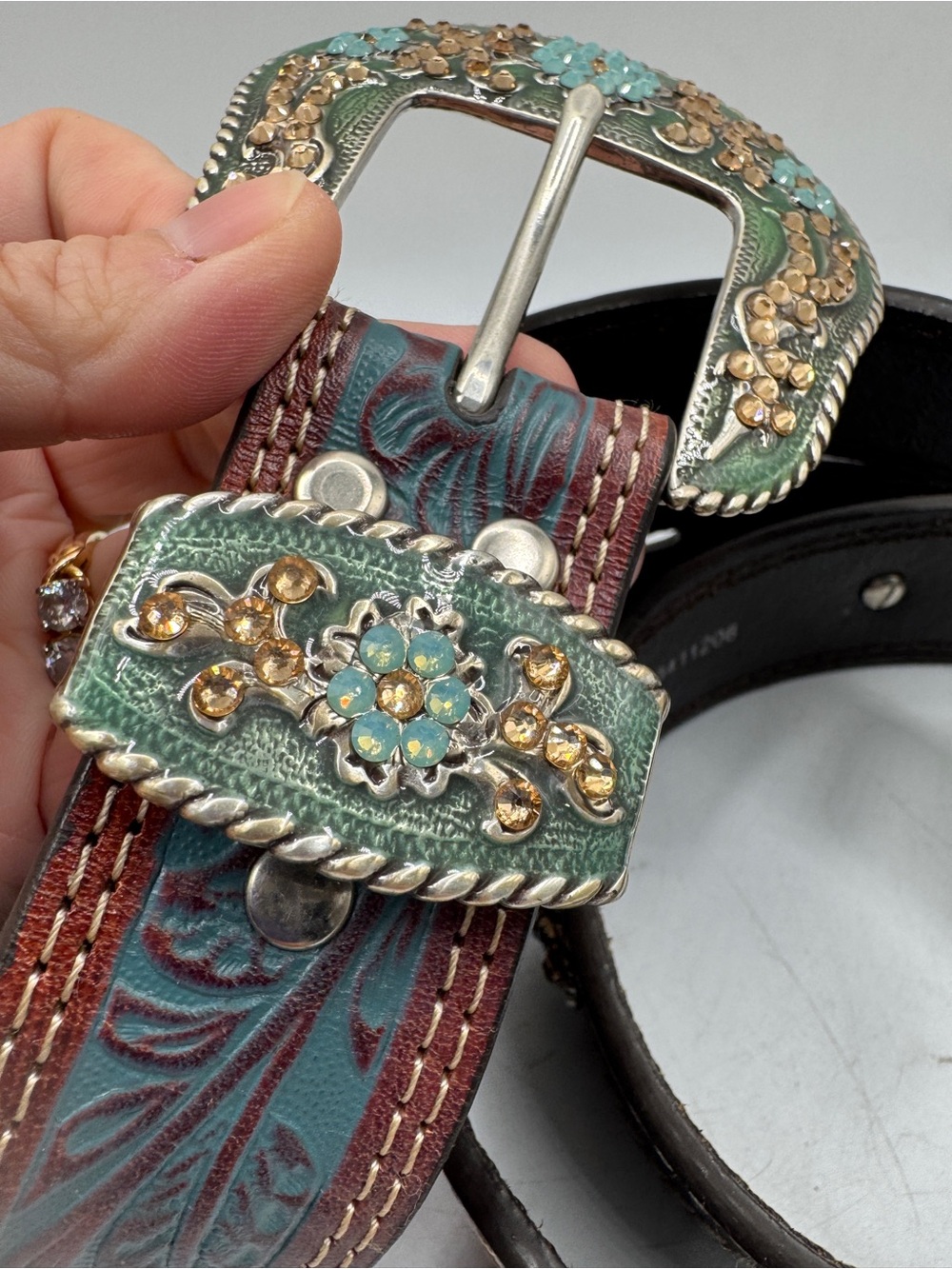 Tooled Leather Western Belt with Ornate Sparkle Floral Buckle - Teal & Brown XL - Picture 2 of 12